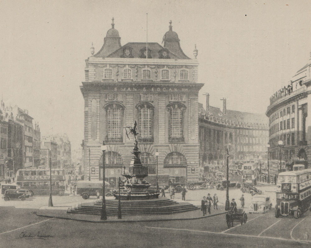 LONDON. Piccadilly Circus, by Claude Muncaster 1947 old vintage print picture